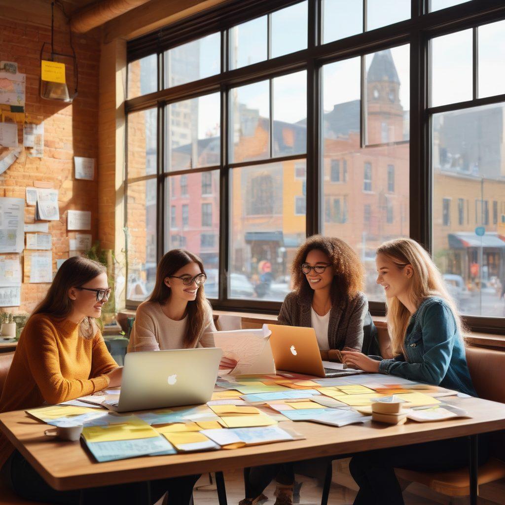 A vibrant scene of a diverse group of bloggers collaborating in a cozy, sunlit coffee shop, surrounded by laptops, notebooks, and colorful post-it notes, showcasing a dynamic brainstorming session. In the background, large windows open to a bustling cityscape, symbolizing visibility and impact. Eye-catching doodles of charts, social media icons, and trending topics flow around them, signifying optimization strategies. super-realistic. warm tones. urban aesthetic.