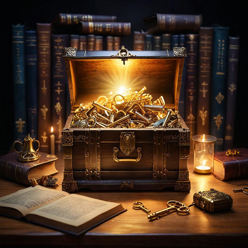 An open treasure chest overflowing with glowing golden keys representing blogging tips and strategies, surrounded by an ethereal library filled with books and a mystical glowing blog post on a parchment. A silhouette of a person with a laptop is brainstorming in the background, symbolizing creativity and success. A soft, warm light illuminates the scene, conveying inspiration. vibrant colors. super-realistic.