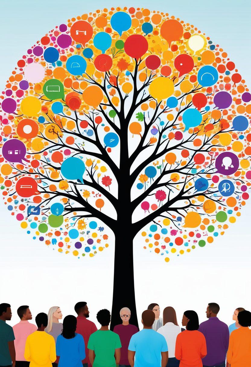A vibrant and welcoming online community with diverse individuals engaging in discussions and sharing ideas, surrounded by symbols of connectivity like speech bubbles, charts, and social media icons. Emphasize a sense of collaboration and growth, with elements like a growing tree and lightbulbs representing creativity. The background should be bright and inviting, showcasing a digital landscape. super-realistic. vibrant colors. digital art.